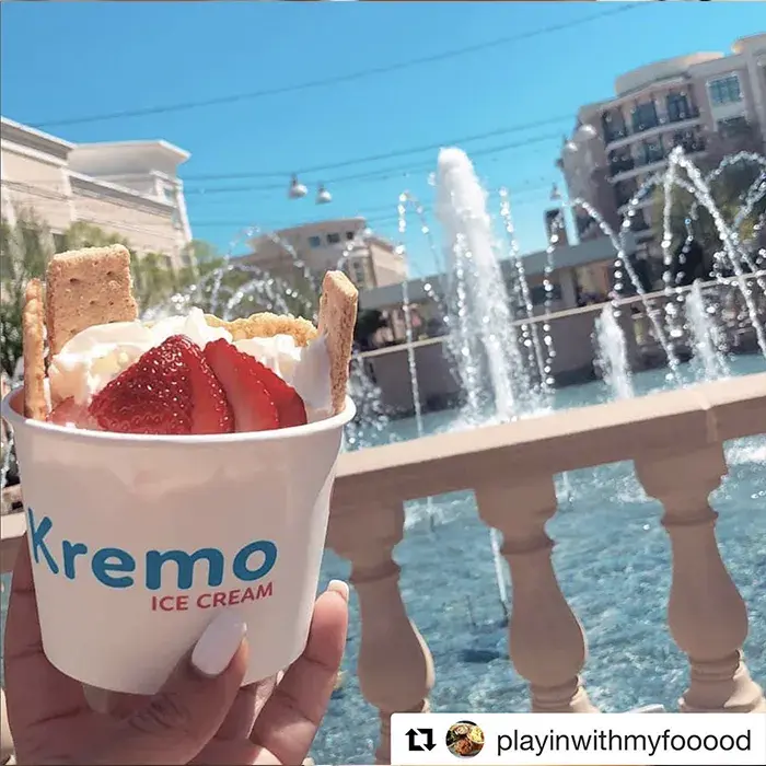 A customer clicking photo of kremo ice cream bise a water fountain